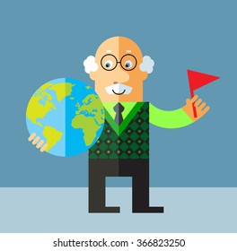 Old Man putting flag mark the globe. Flat style vector illustration on gray background.