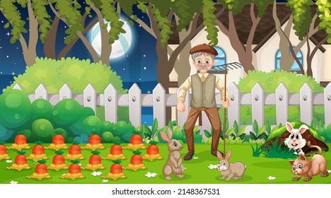 Old man with rabbits in garden illustration