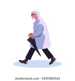 An old man in a raincoat with a black folded umbrella. Gray haired grandfather on a walk. Hand graw Isolated cartoon. Flat vector illustration
