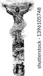 An old man raising hands in up direction and little boy in bowl in the water vintage line drawing or engraving illustration