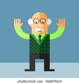 Old Man raising his hands. Flat style vector illustration on gray background.