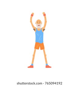 Old man raising his hands up. Bearded elderly character doing morning exercises. Sport lifestyle. Grandfather in t-shirt and shorts. Isolated flat vector