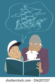 Old man reading a book to a little boy, a sailing ship in a bubble above their heads, EPS 8 vector illustration