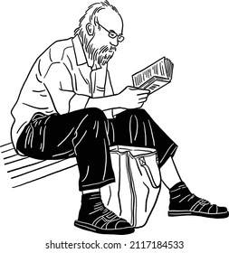 Old Man reading book People sitting on bench Outdoor Park lifestyle Hand drawn line art illustration