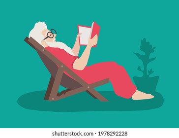 Old Man Reading book sitting in chair vector illustration