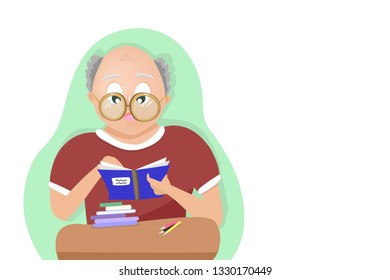 Old Man Reading A Book, Studying And Learning Concept, People Cartoon Character Vector Illustration