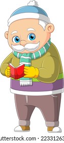A old man reading book in winter season of illustration