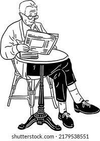 Old man reading newspaper in Cafe Senior lifestyle Hand drawn line art Illustration