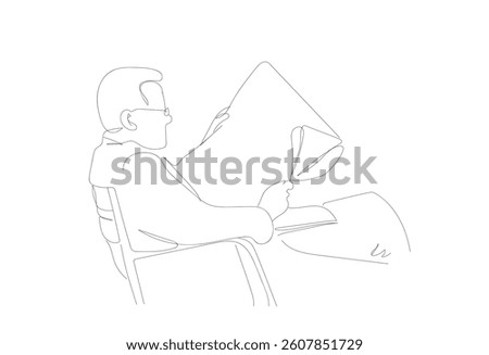 Old man reading newspaper in Cafe Senior lifestyle Hand drawn line art. elderly, senior, old, adult, male, pensioner. Leisure time concept. 
 Hand made vector not Al