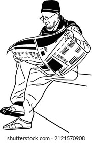 Old Man reading newspaper Senior People lifestyle Hand drawn line art Illustration
