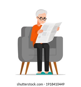 An old man reading a newspaper and sitting on a chair