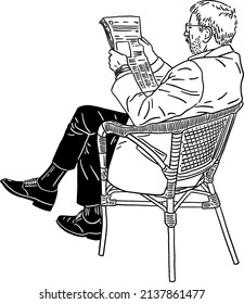 Old Man reading newspapers Senior People lifestyle Hand drawn line art Illustration