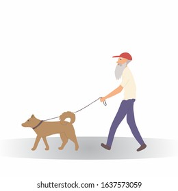 Old man in red cap, t-shirt and jeans walking with brown dog. Grandfather spending time with puppy outdoor. Funny cute dog-fancier. Vector cartoon illustration isolated on white background.