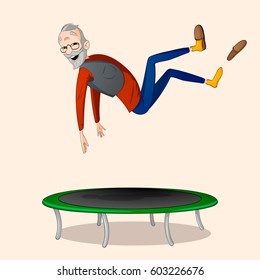 An old man in red shirt and blue pants jumping on green trampoline drawn in cartoon style