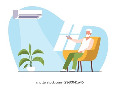 Old man relaxing in armchair in home, turns on air conditioner. Modern technology for house, home appliance, climate control. Cooling equipment cartoon flat style isolated vector concept