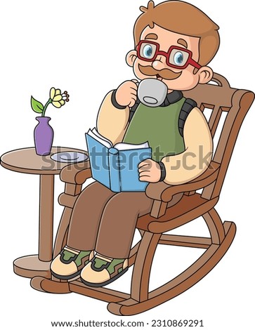 an old man was relaxing sitting in a rocking chair reading a book and drinking a cup of coffee of illustration