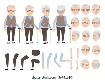 Old Man Relies On Cane Character Creation Set. Icons With Different Types Of Faces And Hair Style, Emotions,  Front, Rear, Side View Of Male Person. Moving Arms, Legs. Vector Illustration