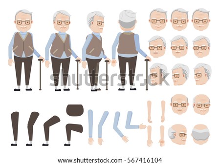 Old man relies on cane character creation set. Icons with different types of faces and hair style, emotions,  front, rear, side view of male person. Moving arms, legs. Vector illustration