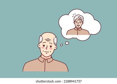 Old man remember young year. Mature grandfather suffer from baldness and alopecia. Healthcare and elderly troubles. Vector illustration. 