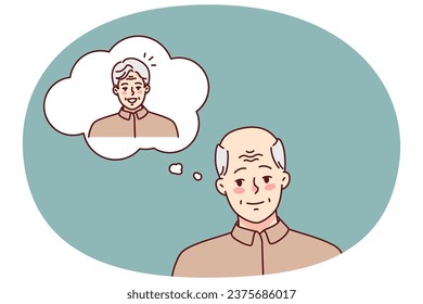 Old man remember young year. Mature grandfather suffer from baldness and alopecia. Healthcare and elderly troubles. Vector illustration.