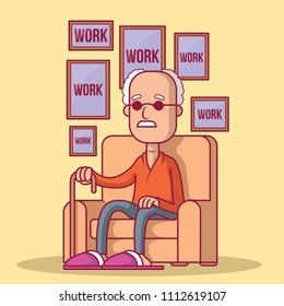 Old man remembering is life of work vector illustration. Retirement, life, work, senior, aged design concept