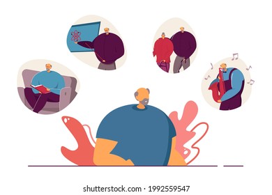Viejo recordando acontecimientos pasados de su vida. Hombre pensando en su amante, en la carrera de científico y en el hobby de jugar saxofón. Concepto de memorias para banner, diseño de sitios web o página web de aterrizaje