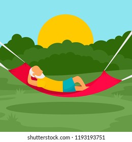 Old man rest hammock concept background. Flat illustration of old man rest hammock vector concept background for web design