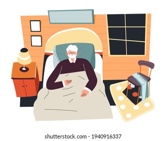 Old Man Resting In Bedroom, Man Sleeping At Home. Interior Of Room Of Grandfather. Nightstand With Lamp And Chair With Blanket. Night Or Morning, Male Personage Resting. Vector In Flat Style