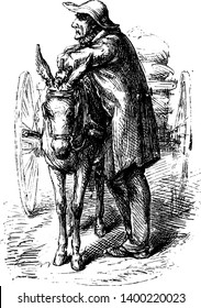 An old man resting on the back of mule, vintage line drawing or engraving illustration