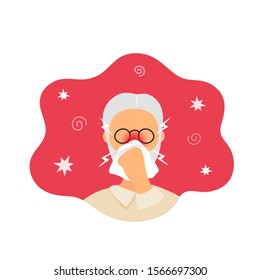 Old man with rhinitis blowing his nose into white handkerchief. Flat modern trendy style.Vector illustration character icon. Isolated on white background. Blocked nose, ARVI concept.