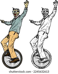 Old man ride a unicycle pointing forward and give the OK hand signal, isolated against white. Hand drawn vector illustration.