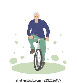An old man rides a bicycle, an old man does sports in sports clothes. Useful active recreation, flat vector illustration on white background.