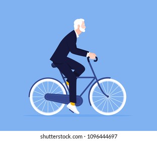 The old man is riding a bicycle. Businessman. Trip to the office. Healthy lifestyle. Vector flat illustration