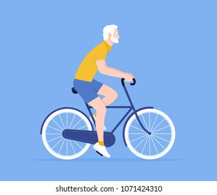 The old man is riding a bicycle. Rest and vacation. Healthy lifestyle. Vector flat illustration