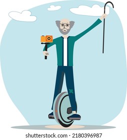 An Old Man Riding An Electric Unicycle With An Action Camera And A Cane In His Hands.  Active Aging. Lifelong Learning. Older People Learning To Ride Modern Transportation. Vector Illustration.