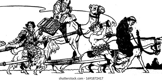 An old man riding on camel, a woman riding on goat, a man with food plate in hand riding on pig, another man riding on horse, vintage line drawing or engraving illustration