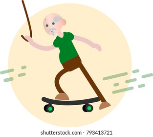 old man riding on a skateboard waving a crutch