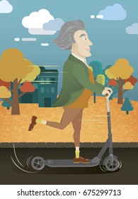Old man riding a scooter in an autumn park. Vector illustration of old man on kick scooter having fun outside. 
