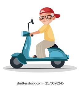 Old man is riding scooter. Vector graphic illustration. Individually on white background.
