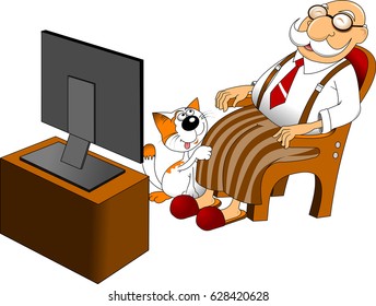 Old Man In The Rocking Chair Watching TV, Vector