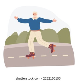 old man rollerblading in the park. Active old man. Extreme city sport, healthy lifestyle. Stock vector illustration in flat style.