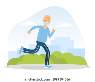 Old Man Running Along Street Side Doing Sport Vector Illustration