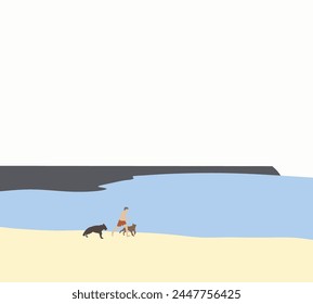 Old man running with dog on the beach during holiday vacation. Pet friendly trip and outdoors adventure lifestyle.