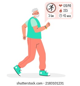 Old man running with fitness  tracker isolated on a white background. Smart Watch for senior people concept. Active old age.