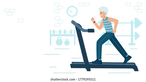 Old Man running on motorized treadmill. Sportive grandfather on training machine, cartoon character. Gym tool. Vector illustration in modern flat style.