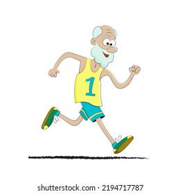 Сartoonish old man running in the park in the morning or a sports marathon. Isolated on white background. Flat style, caricature. Profile, side view. Grandfather jogging slowly. Old man sprinting.