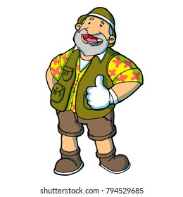 Old man with Safari and adventurous wardrobe laughing happily pose - vector.