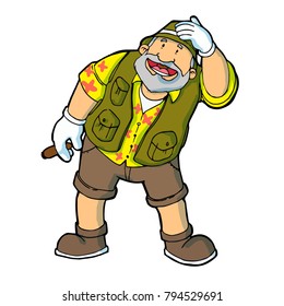 Old man with Safari and adventurous wardrobe holding hat and cigarette laughing happily - vector.