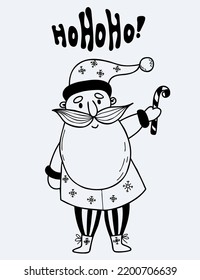 Old man Santa Claus with caramel striped stick. Cartoon Father Christmas. New Years fairy tale character. Vector illustration. Decorative hand drawing, doodle