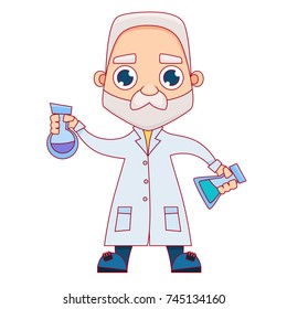 Old man scientist holding a test tube. Flat design. Vector illustration 